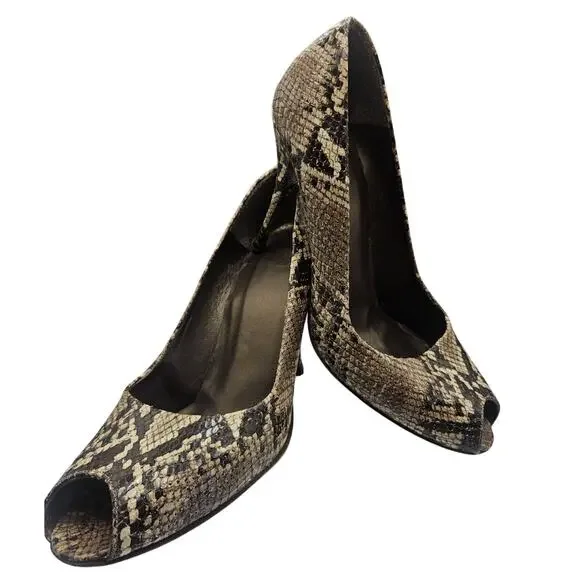 Stuart Weitzman Snakeskin Heels Brown Cream 4" Heel Sz 10.5M - Picture 7 of 10